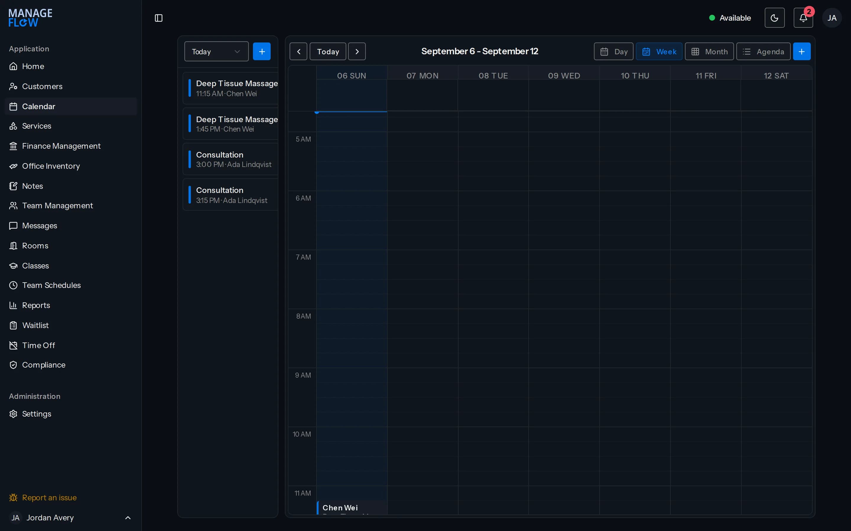 A week view of the calendar with appointments across seven days, a list of the day’s bookings on the left, and day, week, month and agenda controls above the grid.