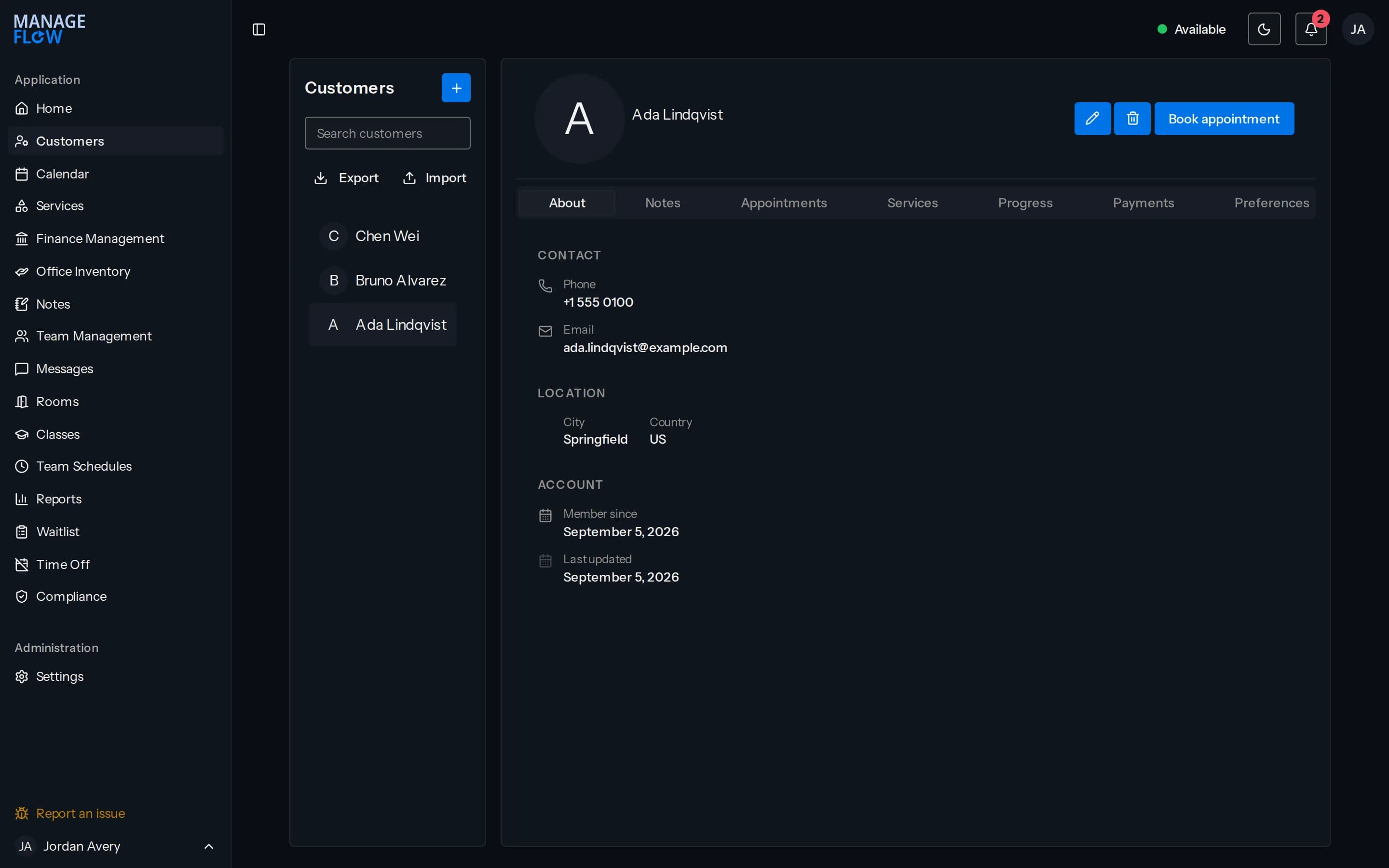 A client record showing contact and location details, with tabs for notes, appointments, services, progress, payments and preferences.