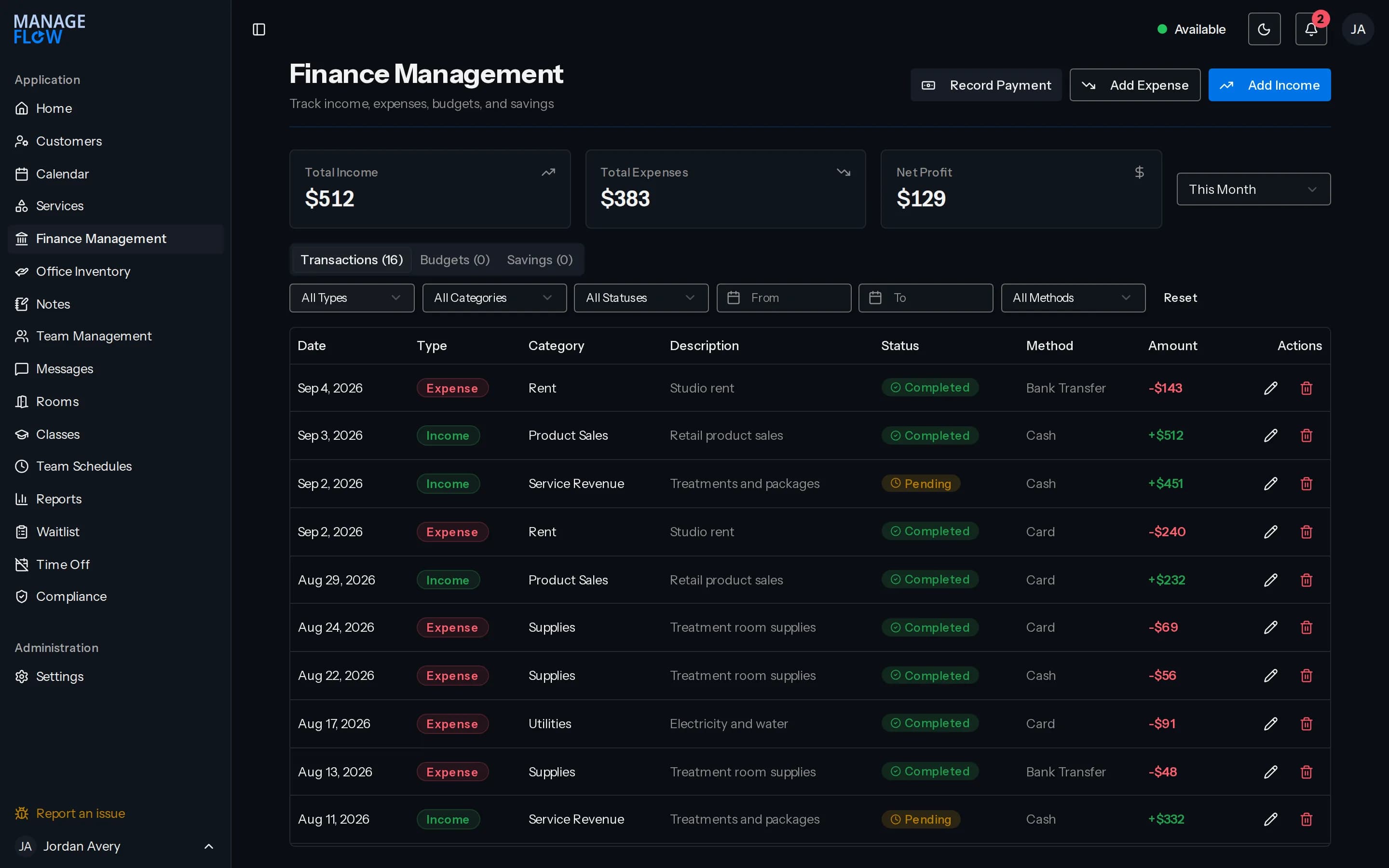 The finance page showing total income, total expenses and net profit, above a filterable table of transactions with status and payment method.