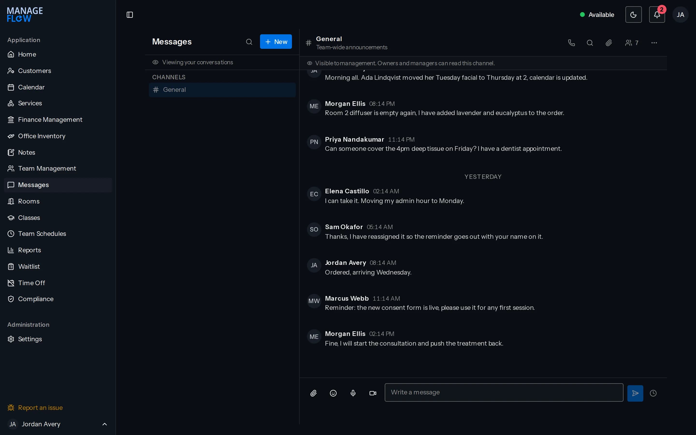 A team chat channel with messages from several colleagues about cover, stock and room maintenance, and a message composer at the bottom.