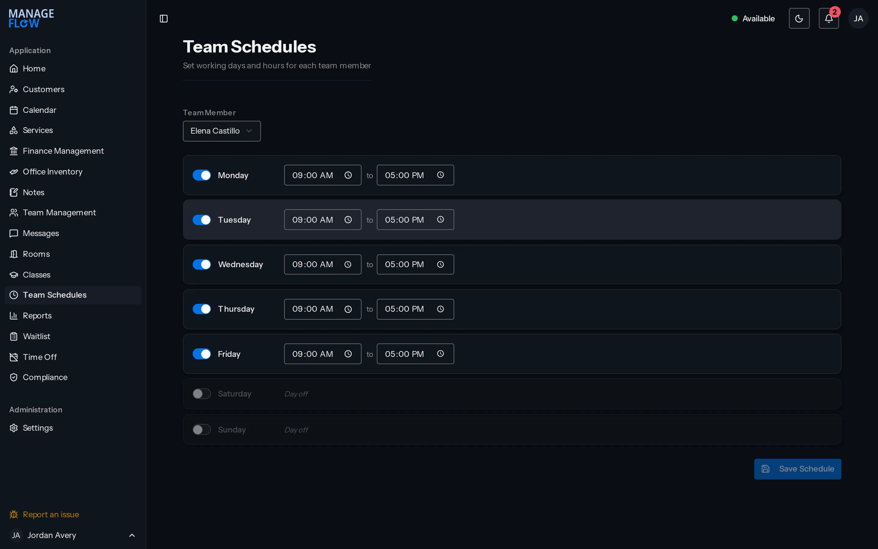 A team schedule editor with a toggle and start and end times for each day of the week, and days off marked.
